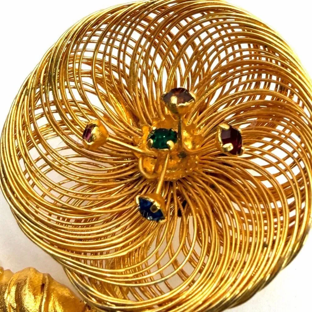 Vintage Gold Tone Wire Flower Brooch Colorful Rhinestone Floral Pin